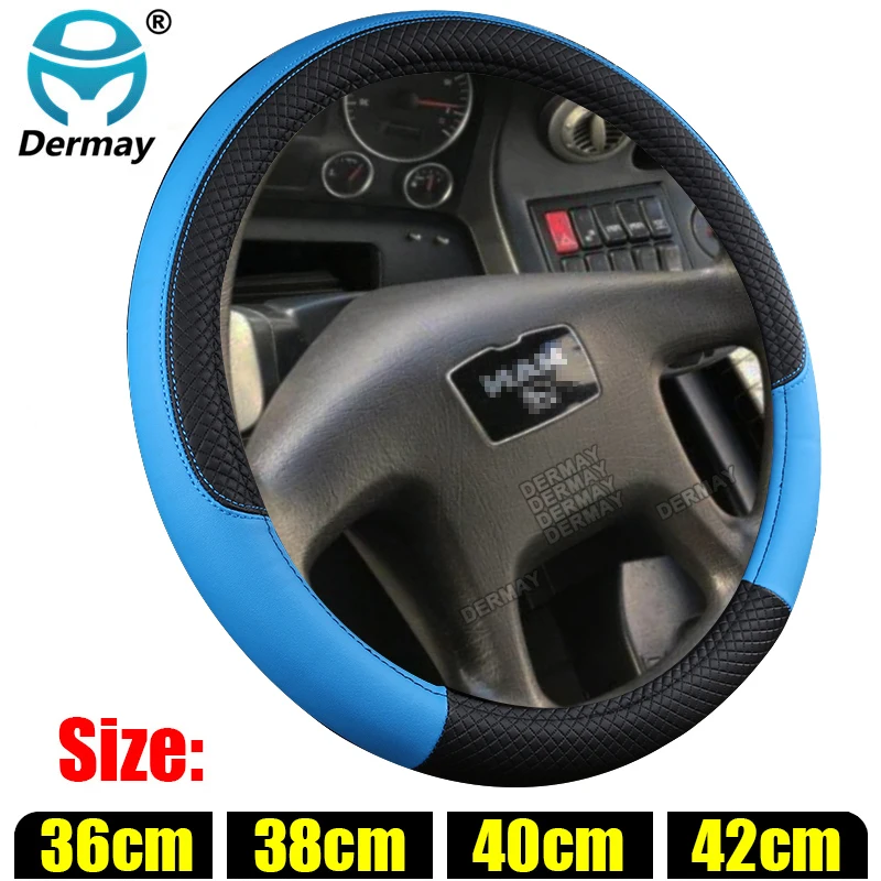 DERMAY 36cm 38cm 40cm 42cm Car Steering Wheel Covers PU Leather Blue line for Car Bus Truck Customized Large/Small Size