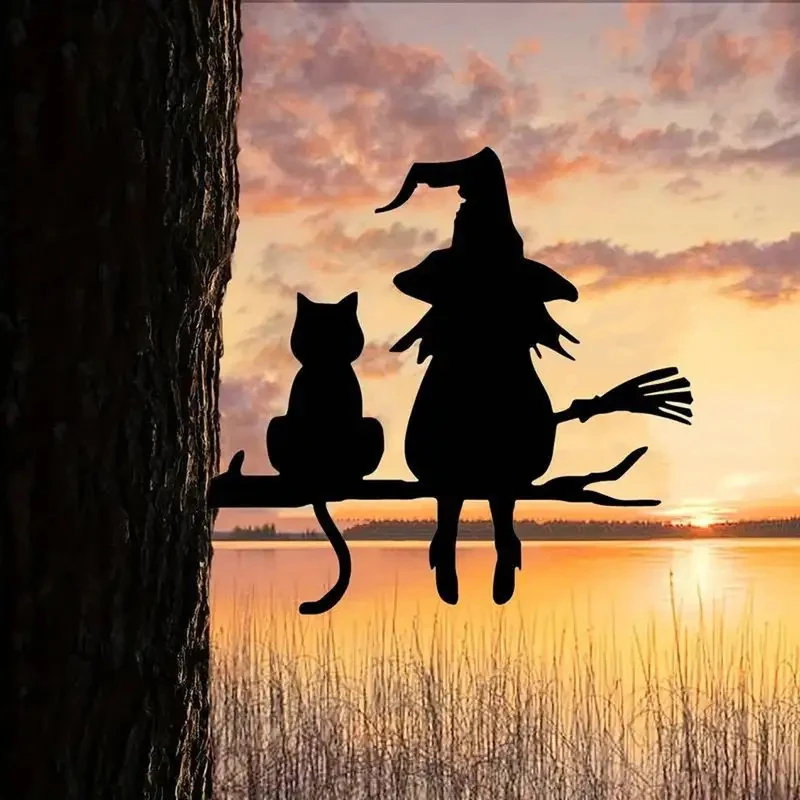 Metal Silhouette Cute Witch And Cat Garden Stump Patio Decorative Gardening Lawn Stump Inserts 1pc