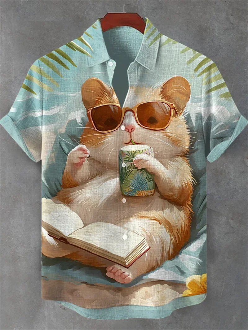 

Новая мужская рубашка с короткими рукавами, льняная удобная повседневная рубашка с короткими рукавами в животном стиле с принтом в стиле ретро, повседневный топ на пуговицах