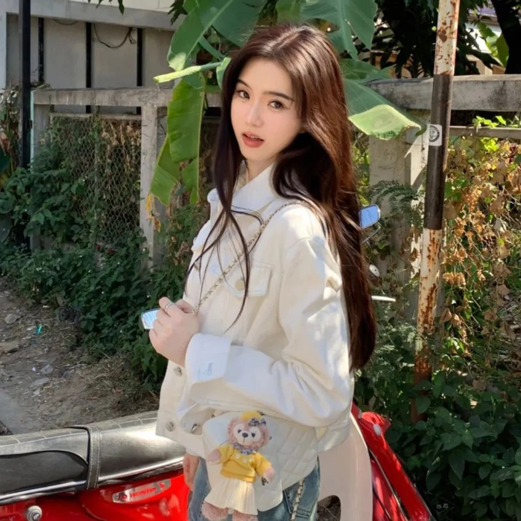 

Denim Coat Girls Womens Spring Romantic Lacework O-Neck Spliced Balloon Sleeved Raglan French Style Festival Gentle Youth Jacket