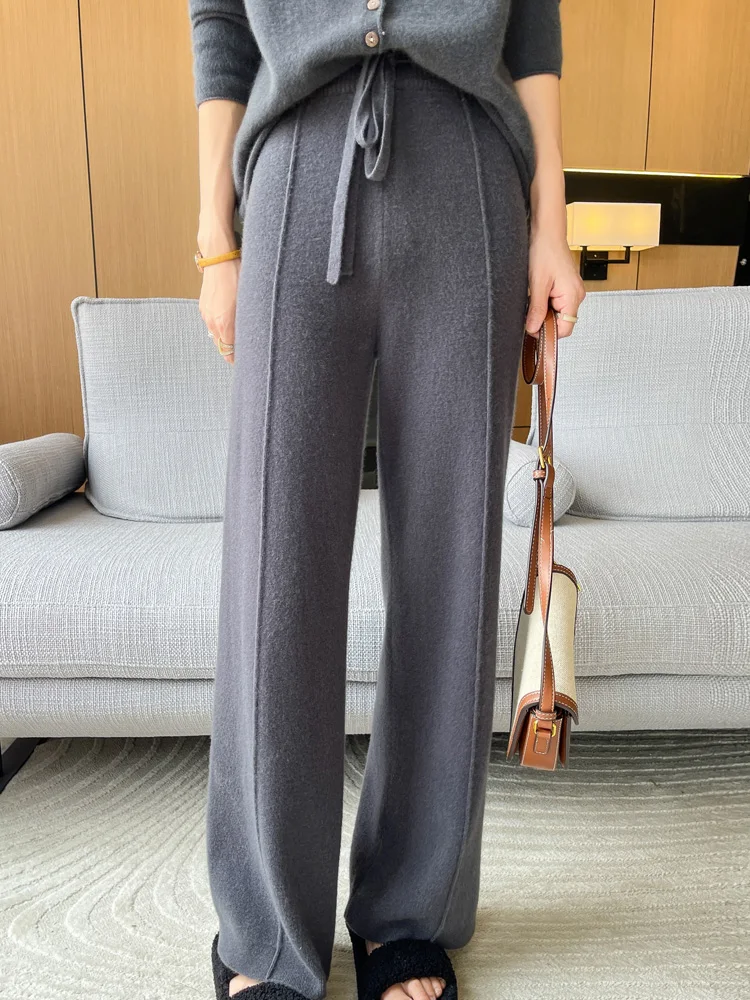 New Women Wide-Leg Pants 100% Merino Wool Quality Soft Thick Warm Trousers Autumn Winter Casual Knitted Elastic Waist Slacks