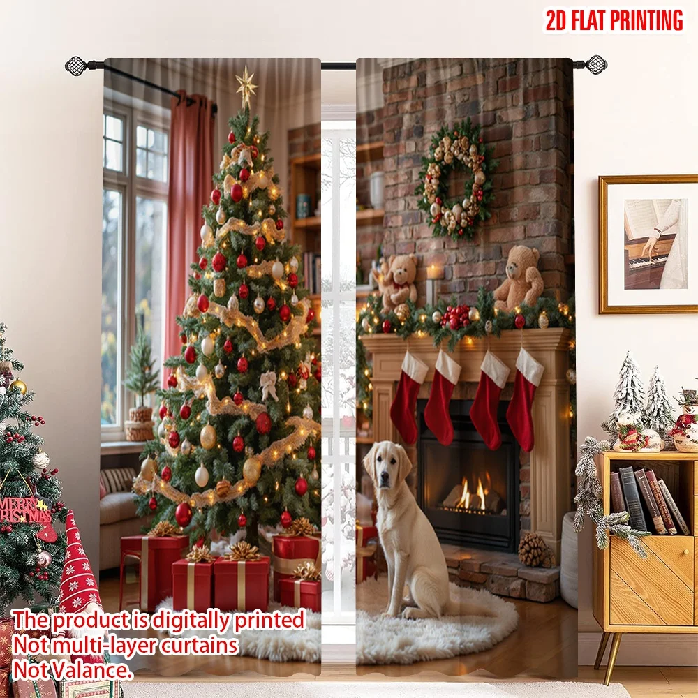 

2pcs 2D flat printing Christmas Curtain Cozy Christmas Scene Festive Dog Fabric Without Electricity Festive Curtains Use for