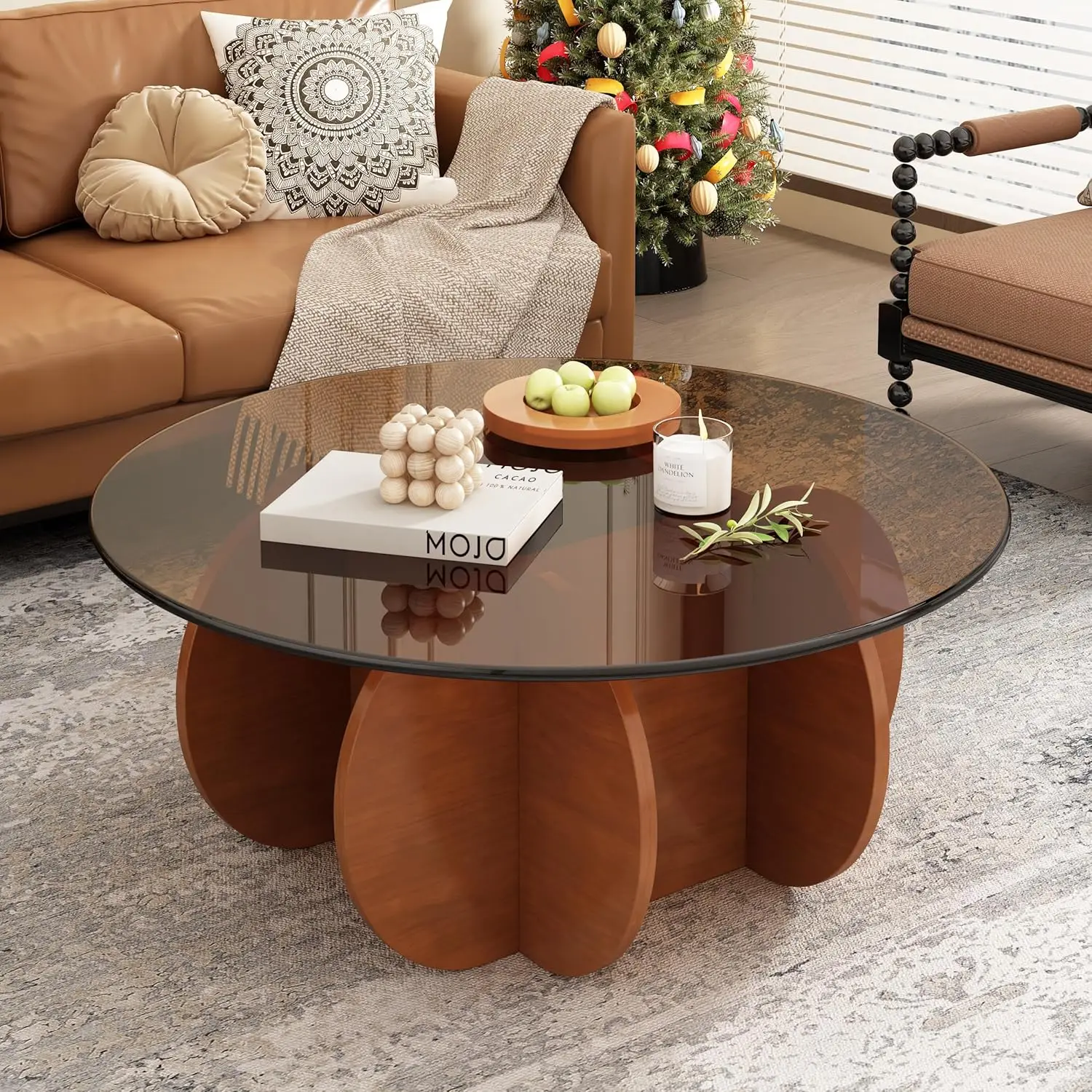 31.5" Mid-Century Modern Round Coffee Table - Tempered Glass Top with Sturdy Wood-Inspired Base,  (Brown+Browm)