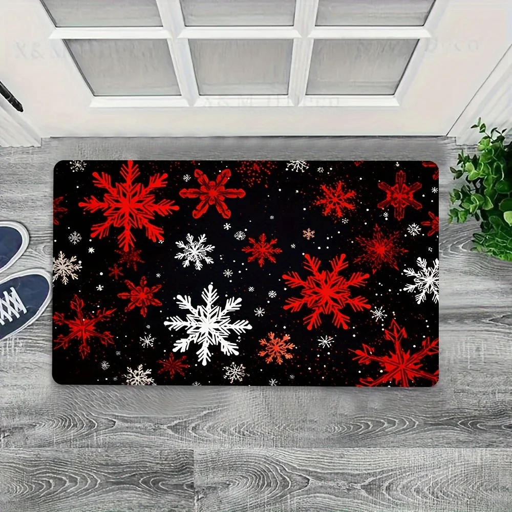 1pc Red and white snowflake patterned doormat, suitable for living rooms, bedrooms, and home décor, machine washable.