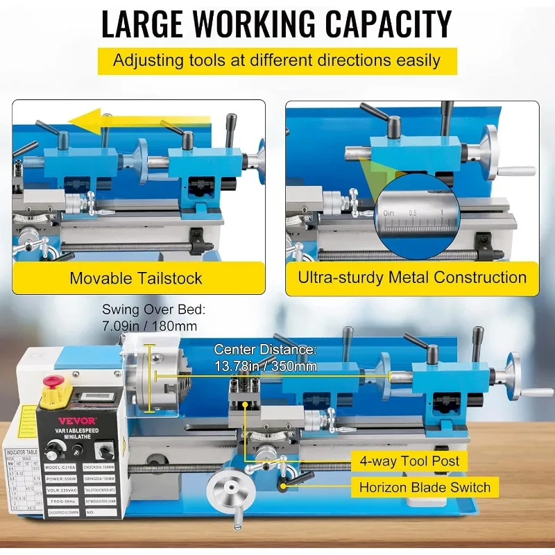 VEVOR mini-metaaldraaibank, 7 "x 14" tafelmodel metalen draaibank, 550 W variabele snelheid 2250 RPM metalen draaibank, met 3-klauwplaat CNC-minidraaibank