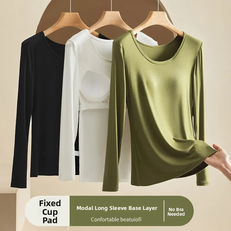 Camiseta larga de Modal de una pieza para mujer, ropa de otoño, sin necesidad de sujetador, capa Base irt, falda de cintura alta, pantalones