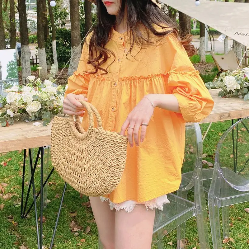 Korean Loose Women\'s Solid Color Half Sleeve Blouse Summer Female Clothing All-match Simplicity Single-breasted Spliced Shirt