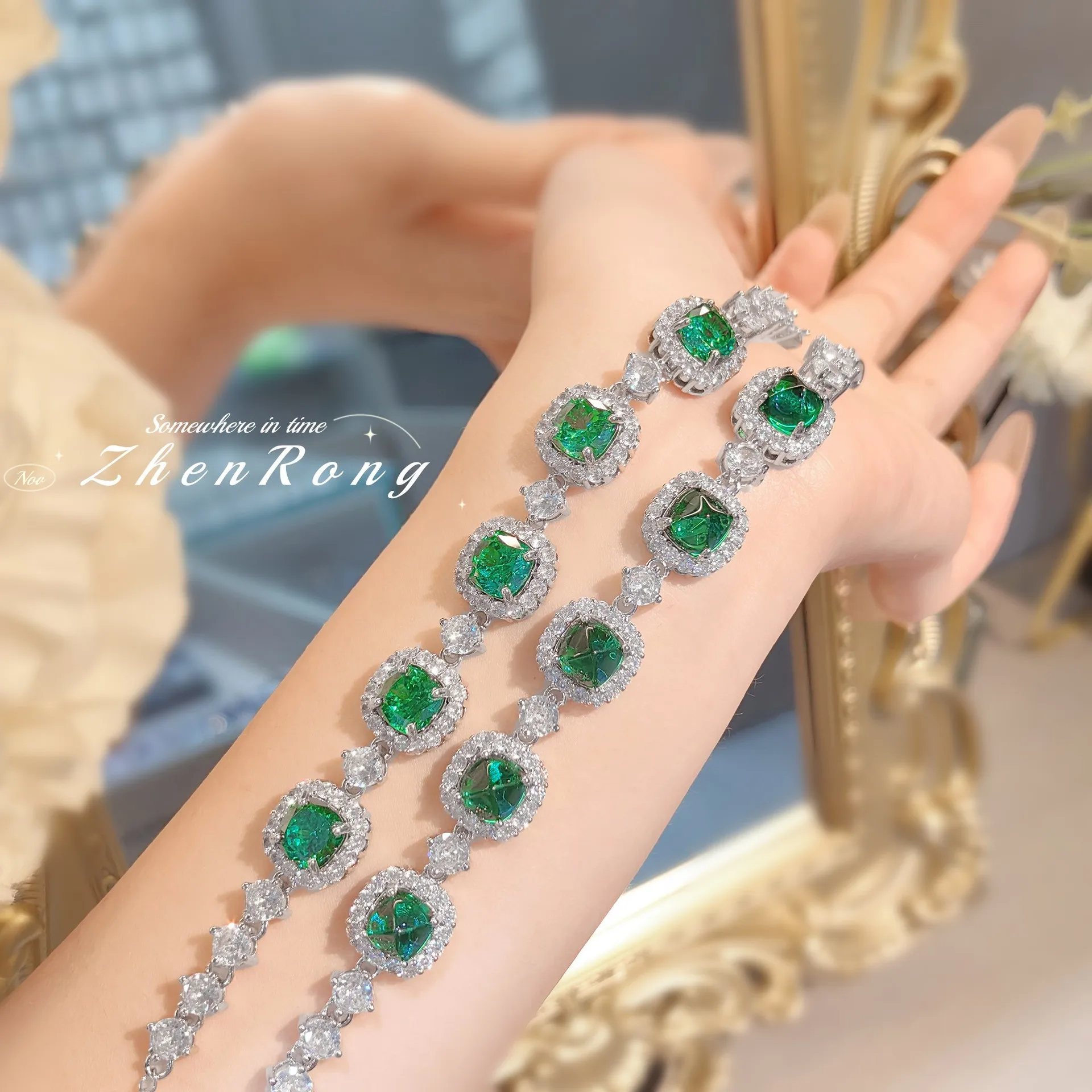 Retro Ice Flower Cut Green Zircon Bracelets Women's Luxury Design Fashion 16+4cm Chain Handicraft 2024 New Festival Gifts