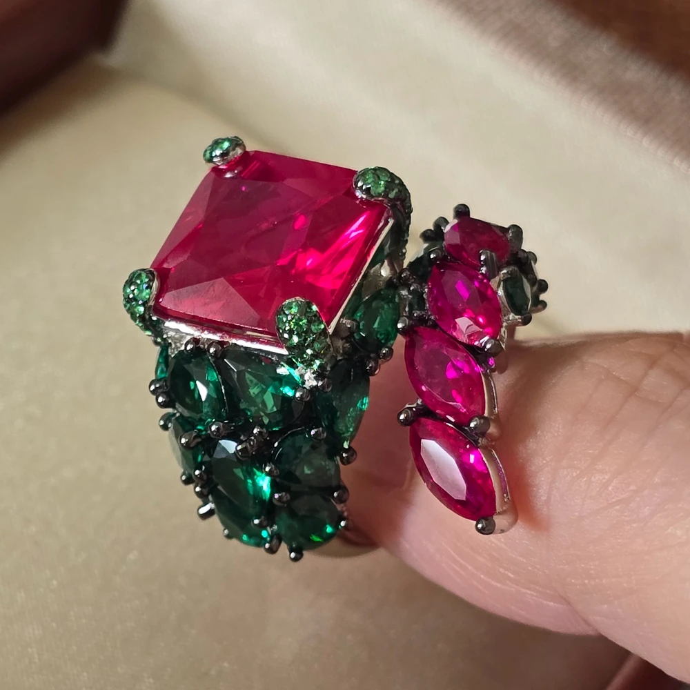 KQDANCE Luxury Solid 925 Sterling Silver Square Red Stone Created Green Emerald Ruby Gemstones Feather Cocktail Rings For Women