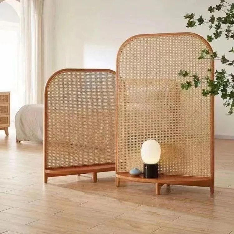 Nordic partition living room entrance new Chinese bedroom movable simple shelter seat screen rattan solid wood screen