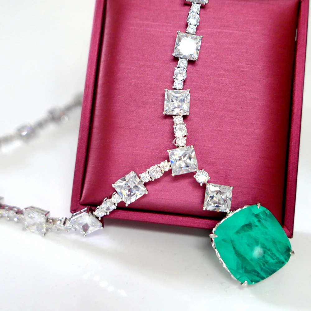 KQDANCE  Luxury 20mm Large Square Blue Pink Yellow Green Stone Lab Emerald Paraiba Diamond Tennis Chain Necklaces Women Jewelry