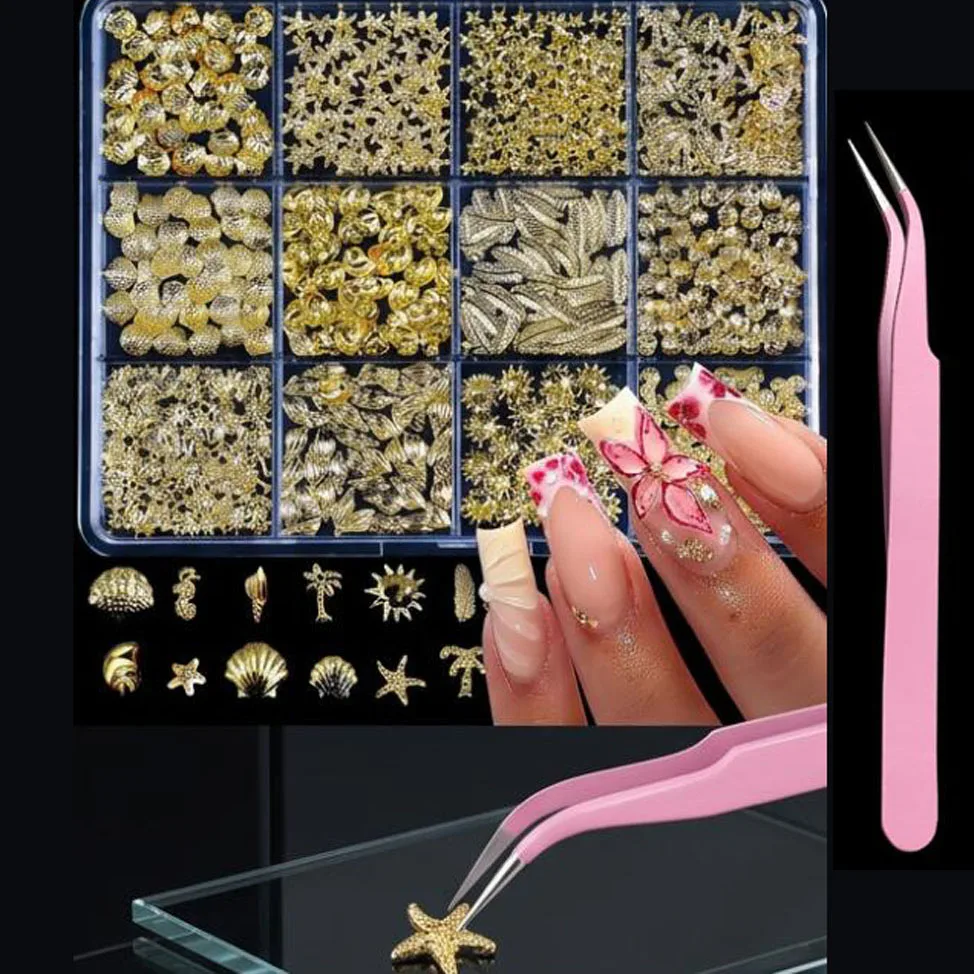 1Box 3D Gold Metal Nail Art Charms with Tweezers Mixed Ocean Themed Nail Jewelry Starfish/Shell/Leaf/Turtle Nail Art Accessories