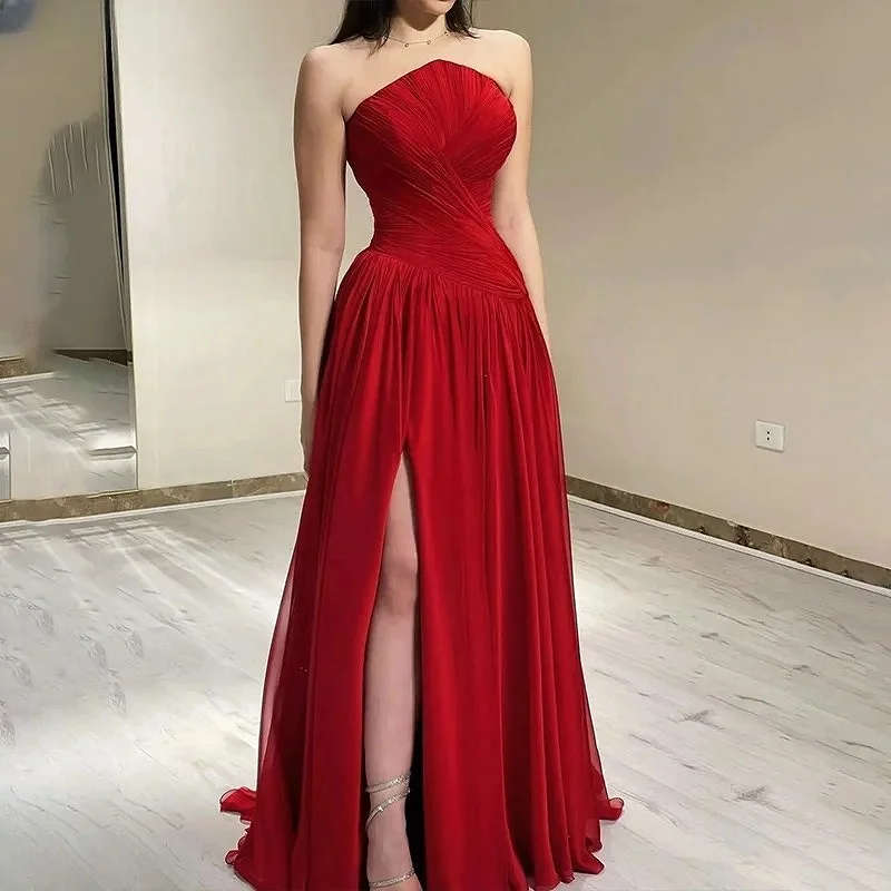 Elegant Burgundy Red Chiffon Evening Dress Strapless Pleated High Split Floor Length A-Line Wedding Banquet Guest Prom Gown