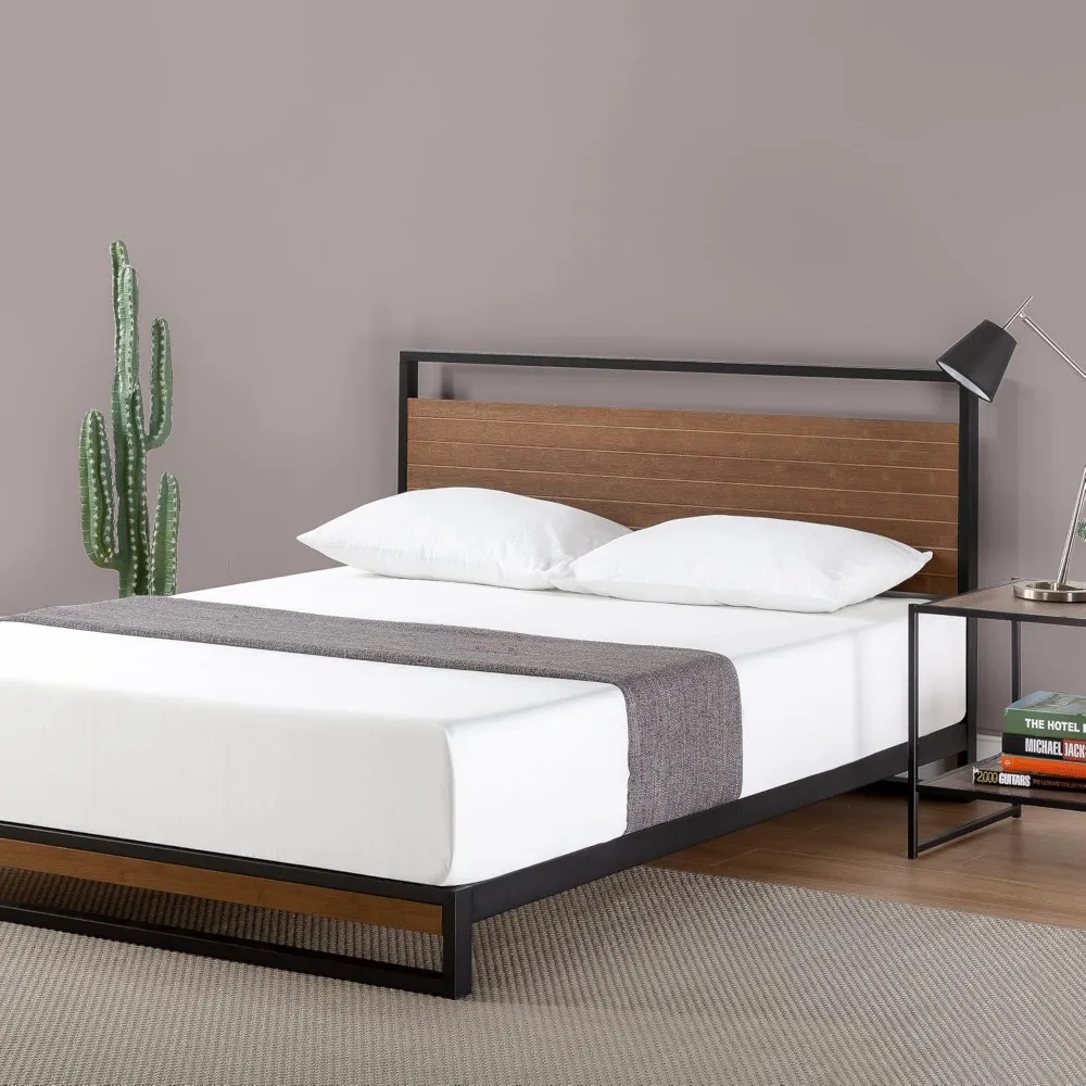 37 Inch Bamboo and Metal Platform Bed Frame, Solid Steel Construction, No Box Spring Needed, Wood Slat Support, Ea