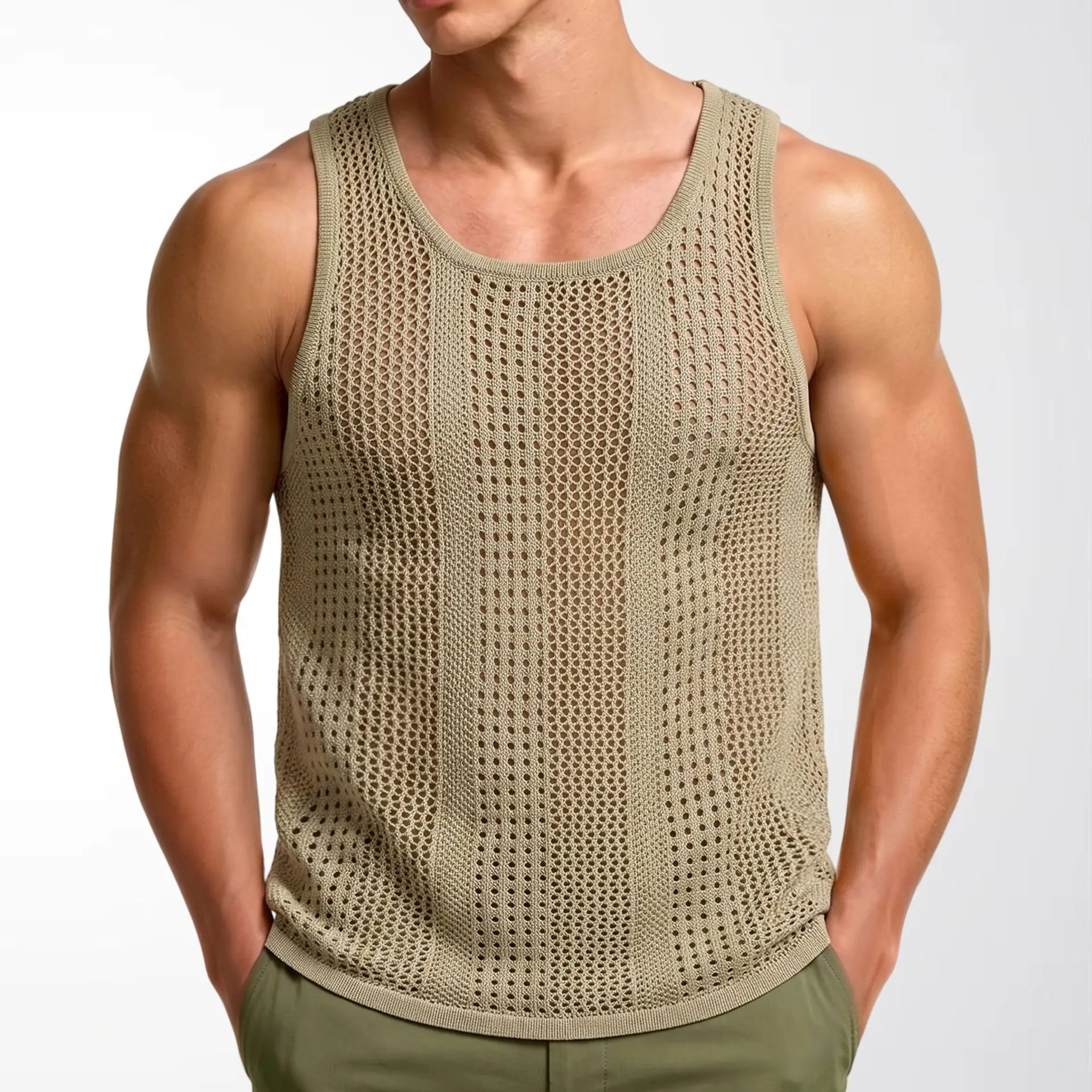 Men's Summer New Sleeveless Men's Vest Wool Hollow Deep U-Neck Casual Vest