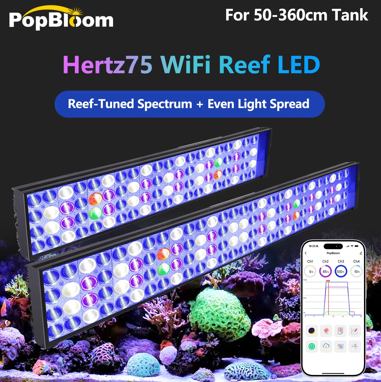 NUOVA Lampada LED WiFi PopBloom per Acquario, Illuminazione a Spettro Completo per Acquari Marini da 60-240cm, Luci LED per Coralli e Acqua Salata