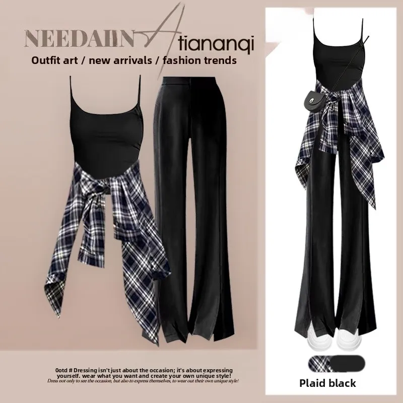 

Fashionable Mesh Shirt And Belted Slimming Micro Flare Pants Ensemble for Women Elegant Versatile Outfit for the Season