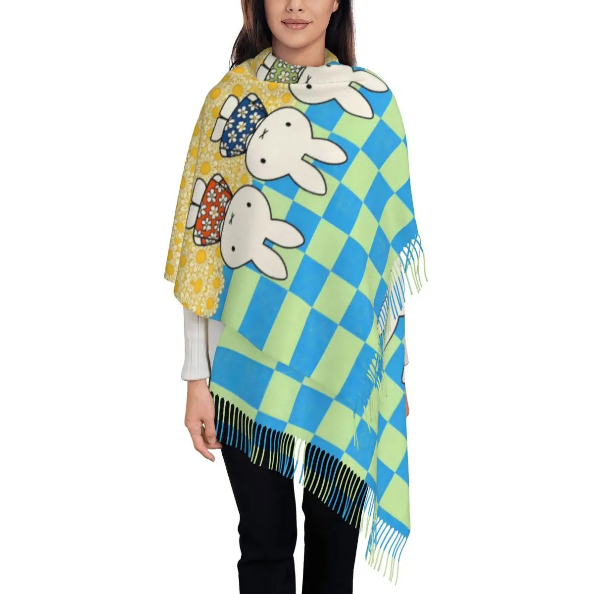 Womens Tassel Scarf Cute Miffyy Cartoon Pattern Large Winter Warm Shawl and Wrap Daily Wear Pashmina Scarves