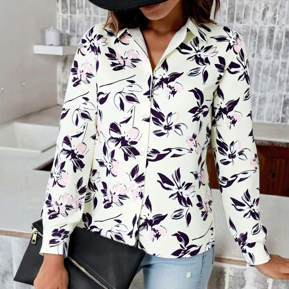 

Mia Muse Select Women's Shirts Autumn Winter Classic Botanical Full Print Single Breasted Button Cuff Sleeve Shirt Collar Shirts