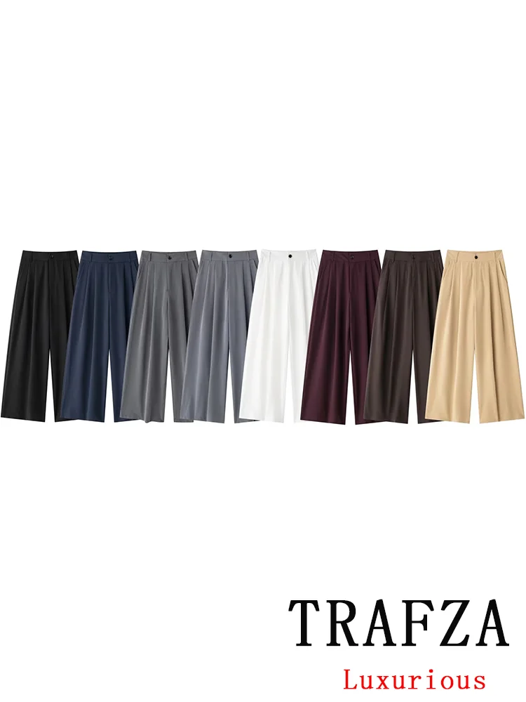 

TRAFZA Vintage Office Lady Solid Chic Pants Pockets Zipper Straight Wide Leg Pants Fashion 2024 Autumn Winter Trousers Pants