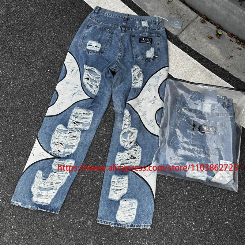 

Hip Hop Trend THUG CLUB Jeans High Street Ripped Hole Tassel Wide-leg Pants Large Logo Print Splicing Thug Club Denim Trousers