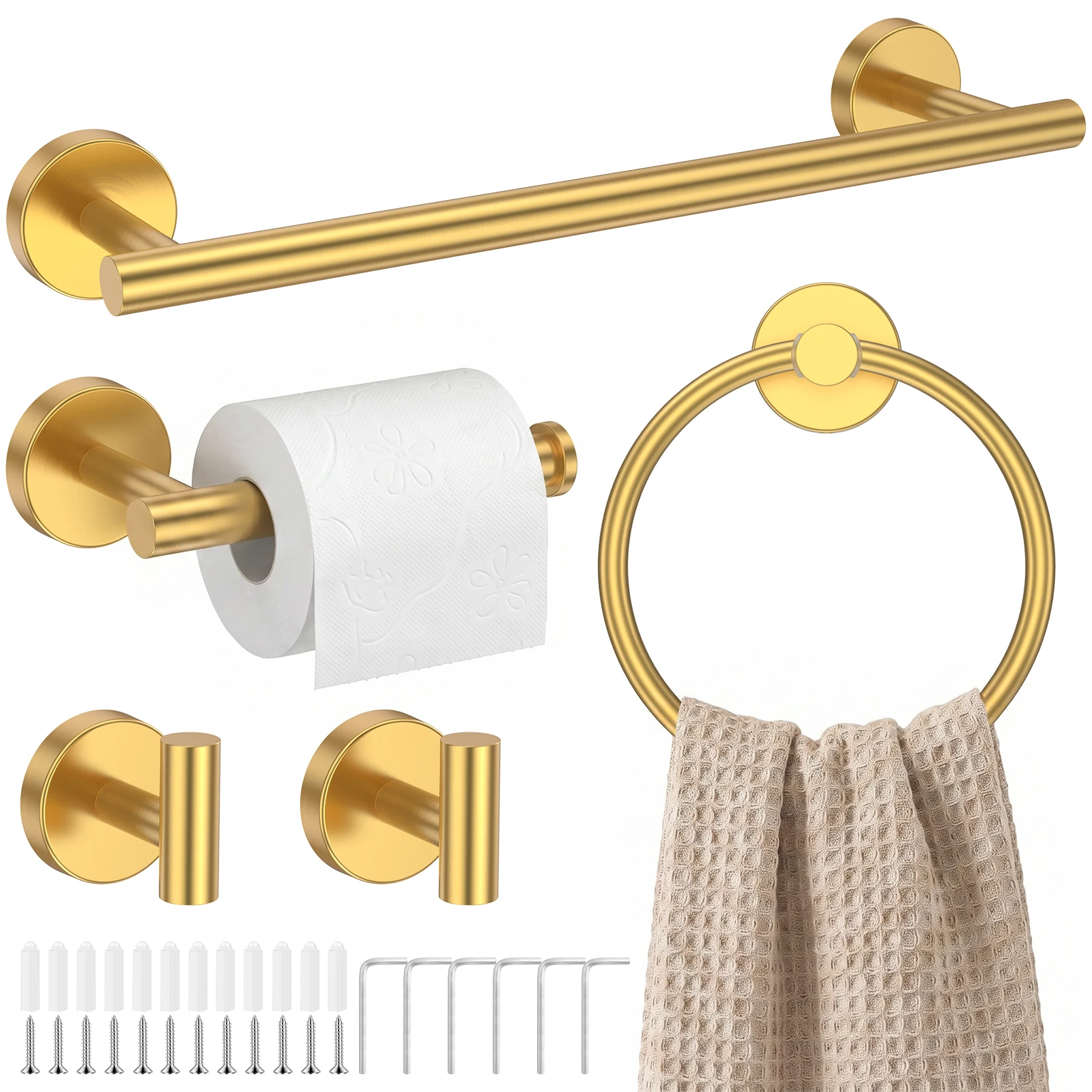 

5Pcs Brushed Gold Bathroom Hardware Set 15.8 Inch Stainless Steel Towel Bar Set with Towel Ring Toilet Paper Holder Robe Hook
