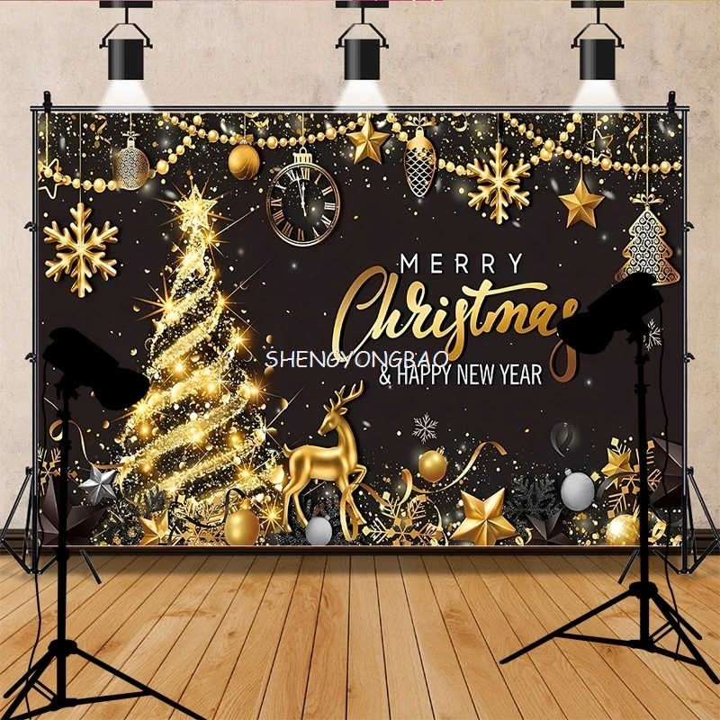 

Black Gold Happy New Year Backdrop Merry Christmas Glitter Photography Background Family Prom Holiday Party Decoration RR-28