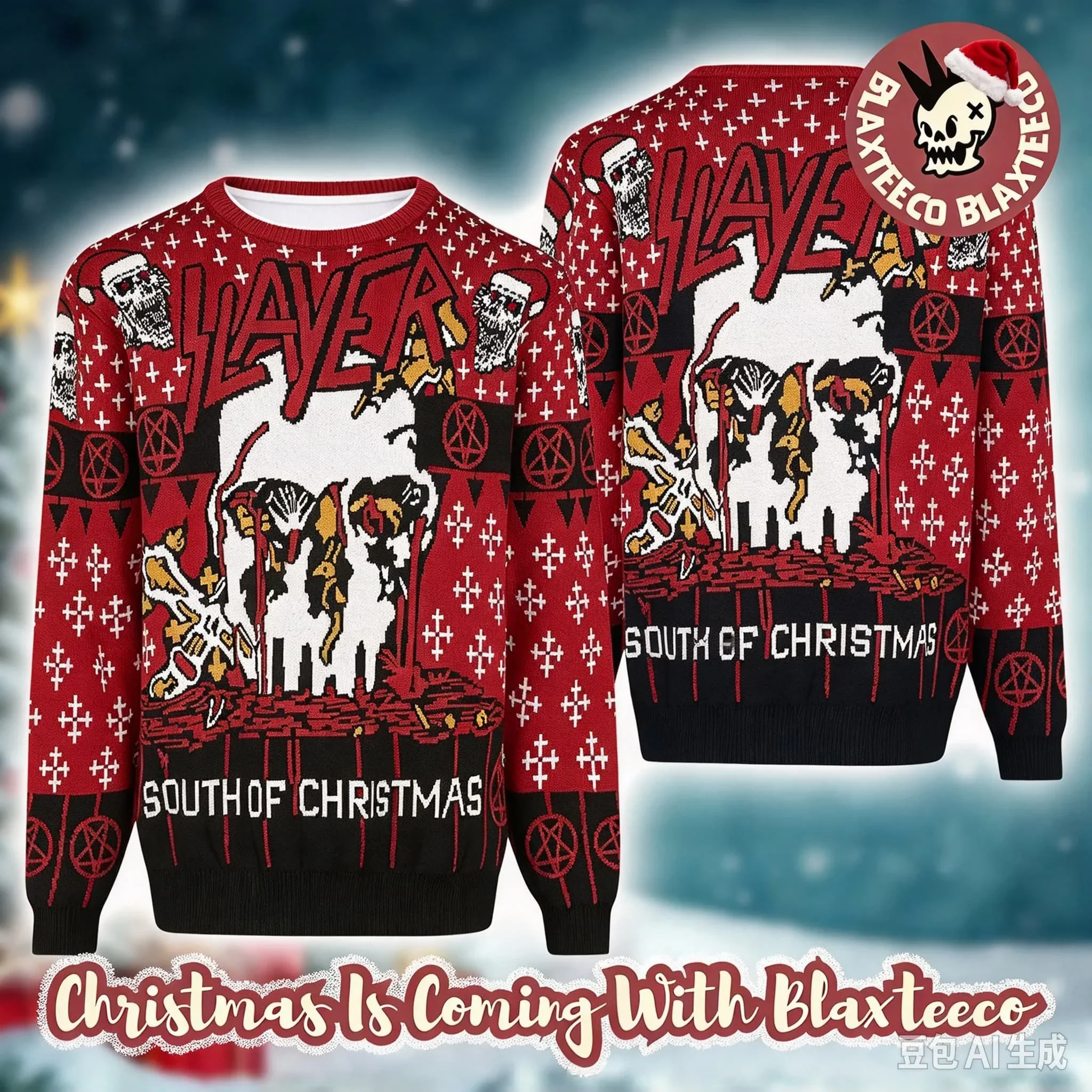 New Slayer Reign in Blood Christmas Ugly Sweater 3D Long Sleeve Pullover Thrash Metal  Fan Holiday Streetwear Family Matching
