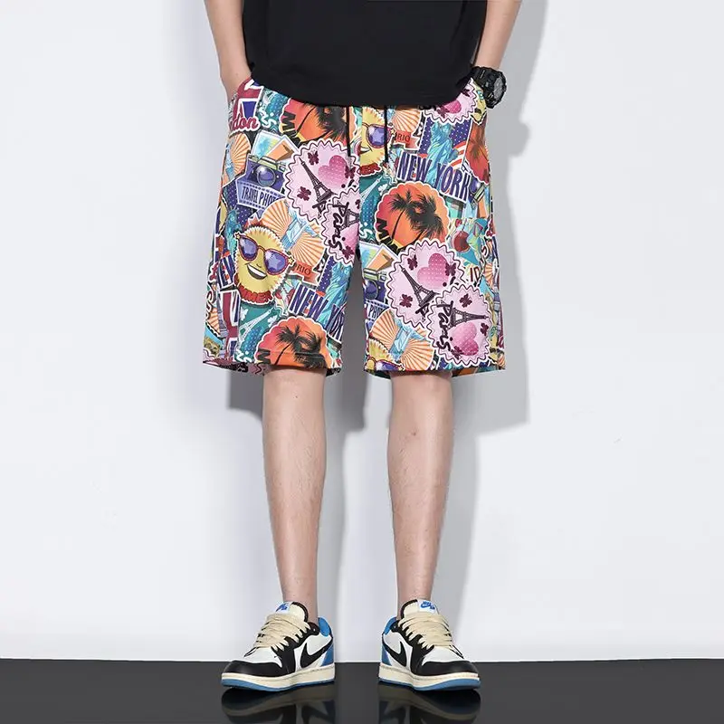 Summer Beach orts Men's Loose Five-Quarter Qui Dry Floral Print Swimming orts Couple's Hot Spring Beach Casual Pants