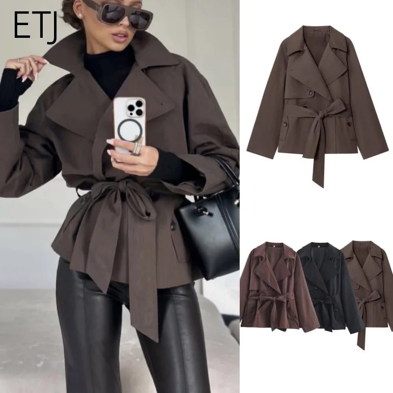 ETJ Autumn 2025 new collection  women's British style lapel double-breasted Maillard color belt casual trench coat