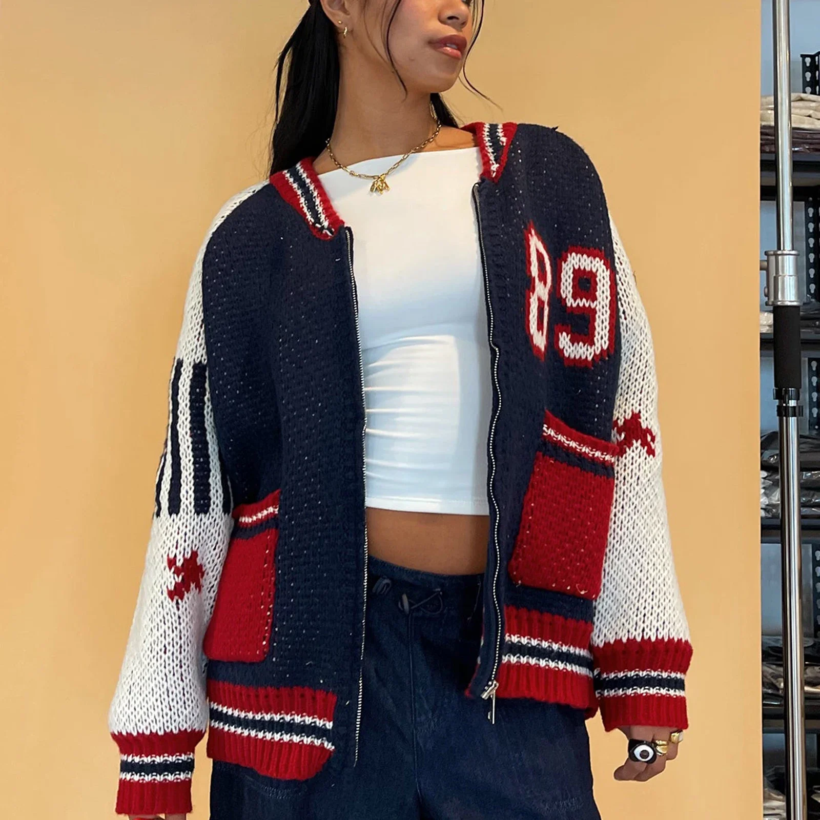 Women Knit Varsity Jacket Oversized Zipper Long Sleeve Letter Print Cardigan Sweater Y2k E-Girls Coats Winter Fall Outerwear