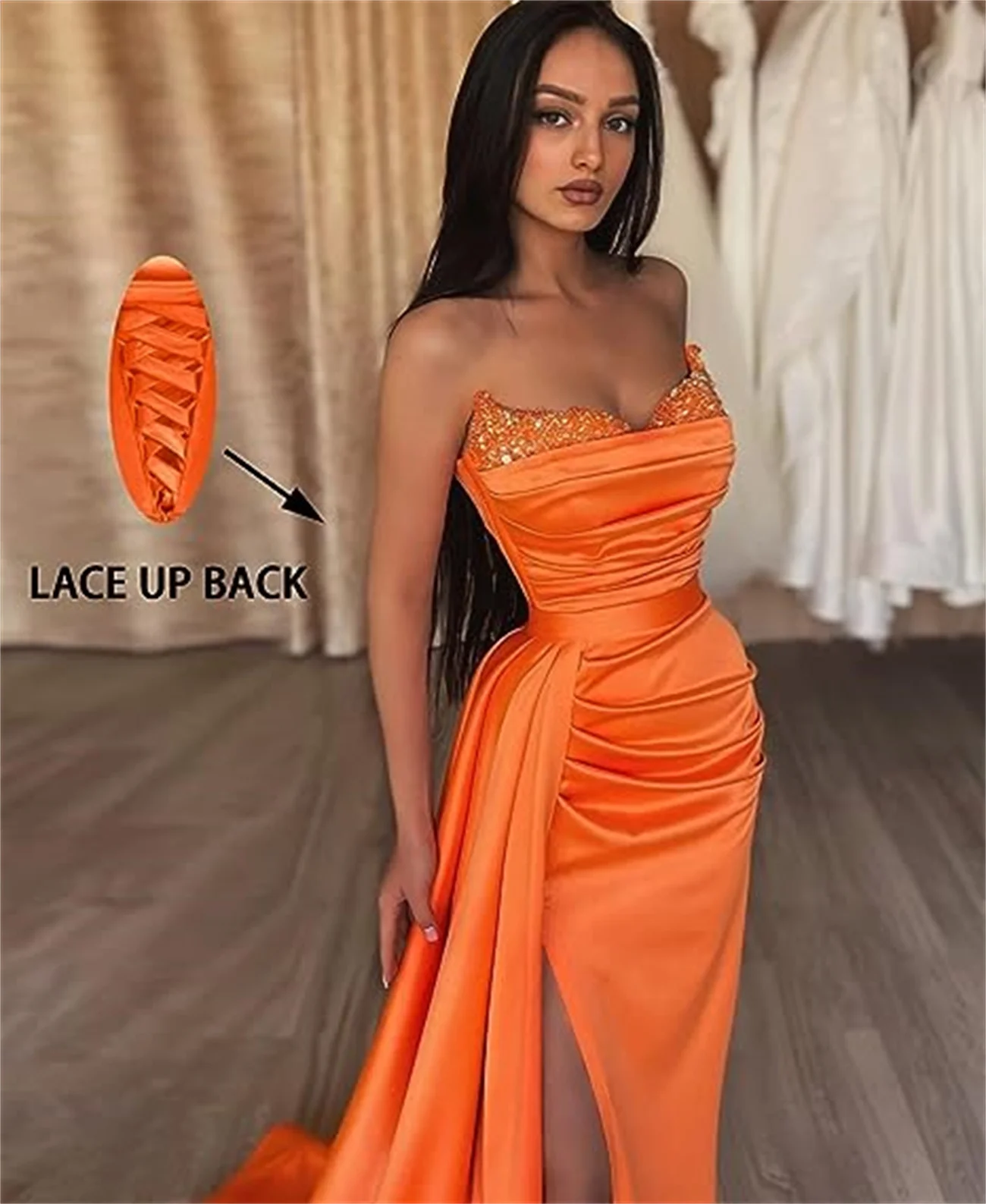 A-Line Sexy High Split Prom Formal Evening Dress Strapless Sleeveless Court Train Satin with Slit Pure Color robes de soirée