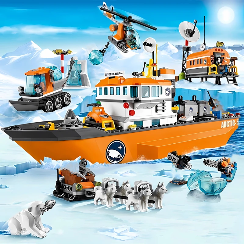 760PCS Building Block City Series Arctic Icebreaker Polar Adventure Base Ship Sled Boy Assembled Children's Toy Gift