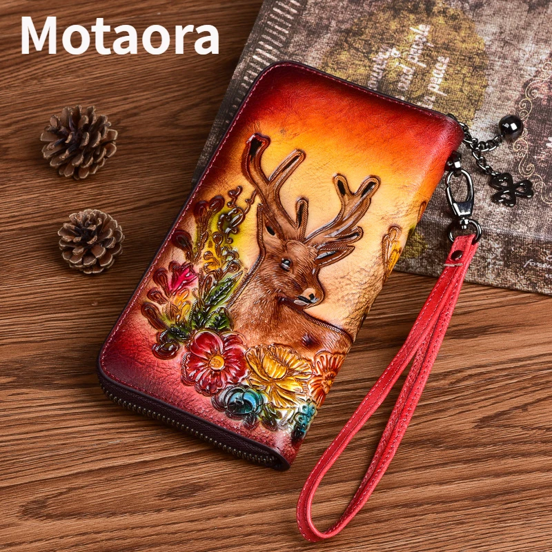 MOTAORA Vintage Women Long Wallets Deer Pattern Bag 2024 Genuine Leather Handmade Embossing Ladies Wallet Phone Bags Woman Purse