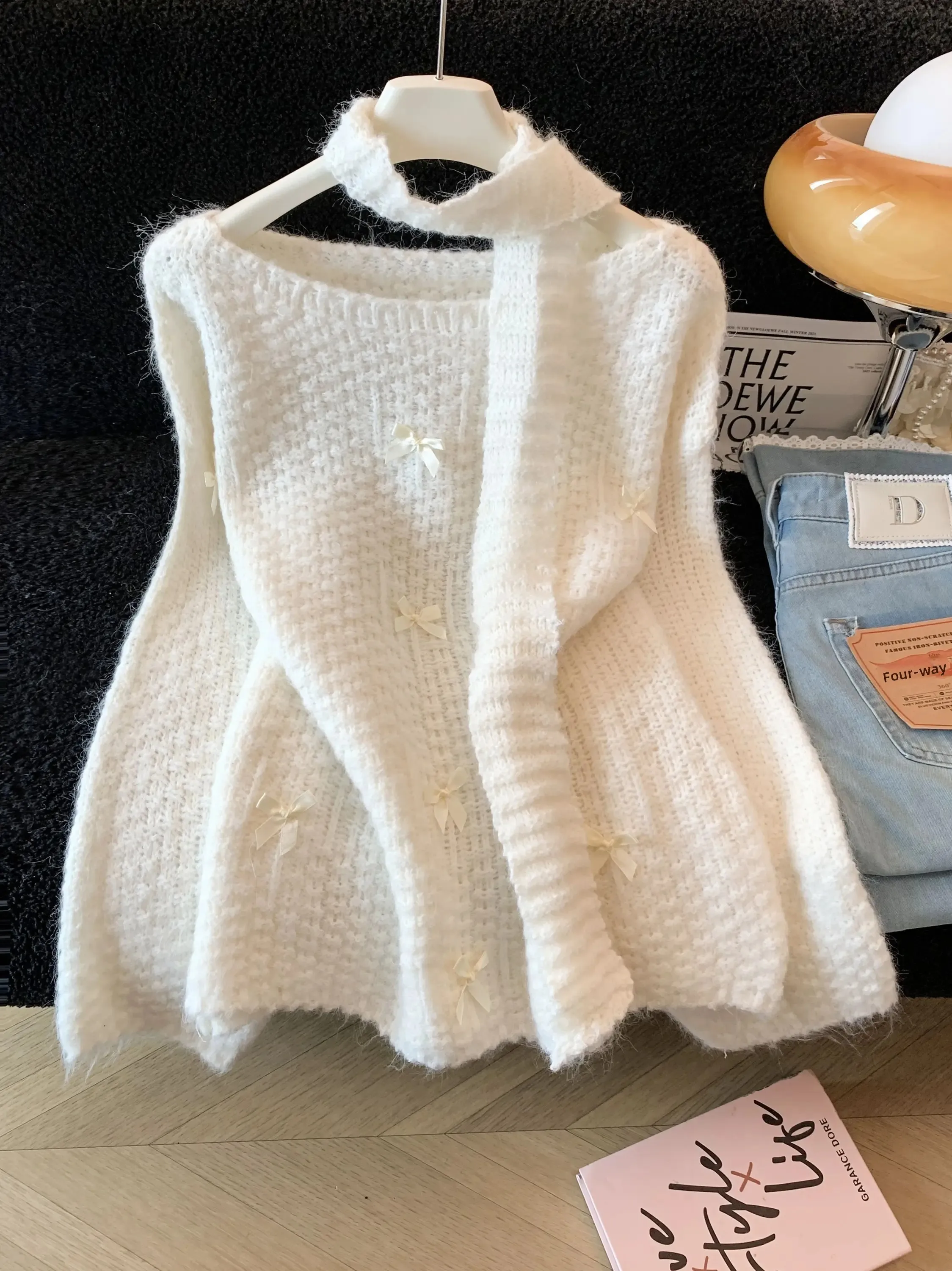 Sweet  Knot Long Sleeve Knitted Sweater Women's Autumn Winter Design Sense Drawstring Waist Slimming Super Beautiful...