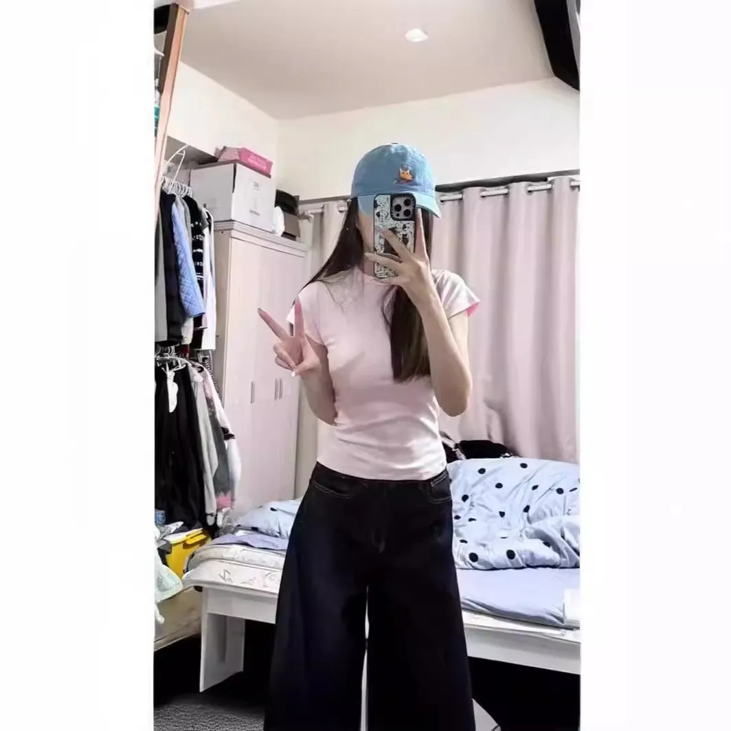 Pink Slim Fit ort Sve T-irt Women's Base Layer Top Tight Waist Cinching oulder Length Commute Sle Cotton Blend