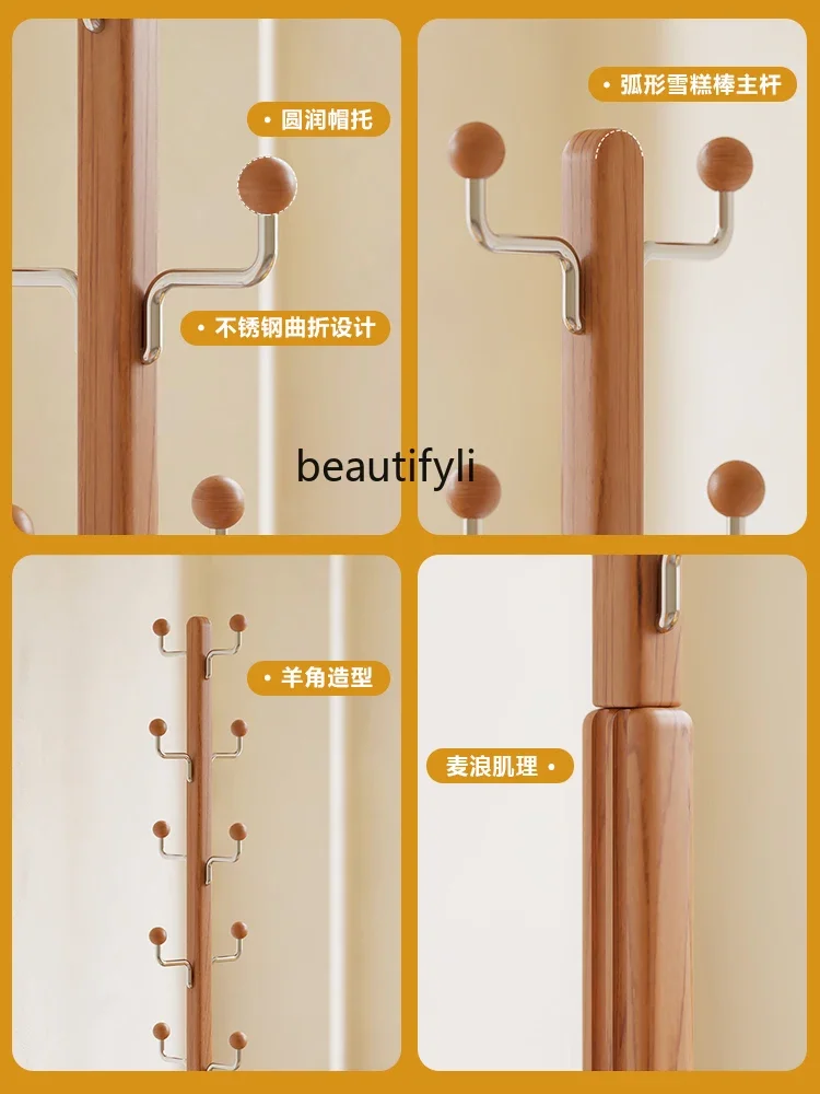 Solid Wood Coat and Hat Rack Cherrywood Floor Hanger Hallway Vertical Clothes Rack
