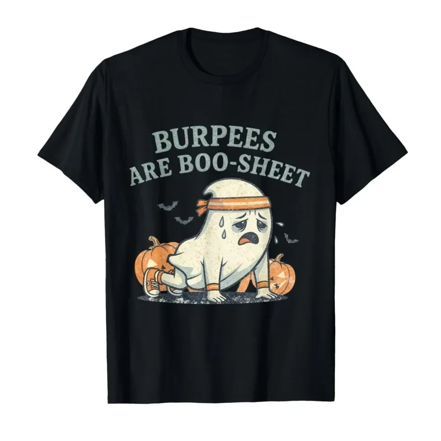 Camiseta de algodón con cuello redondo y gráfico de Halloween, diseño divertido de fantasma y fitness, Burpees Are Boo Sheet