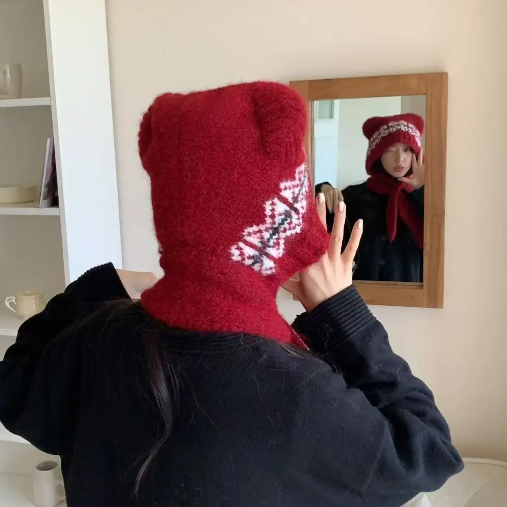 لطيف معرض جزيرة نمط الجاكار محبوك قبعة العرقية نمط مطبوعة آذان الدب بيني الكورية الدافئة محبوك قبعة طقم أربطة عنق الفتيات #3