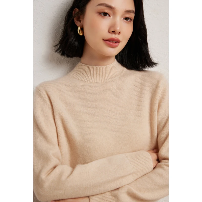 

100% Cashmere New Women's Mock Neck Sweater Spring Autumn Warm Pullovers Casual Basic Female Cashmere Knitwear Clothing Tops