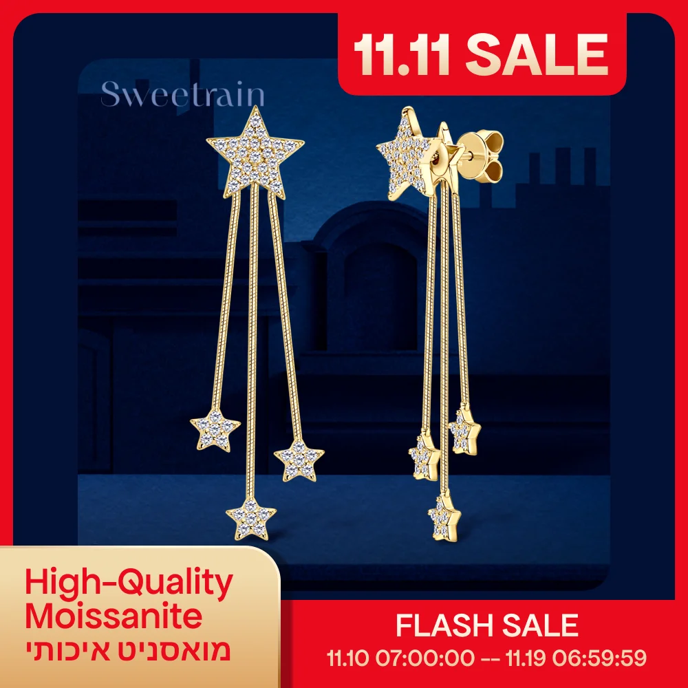 

Женские висячие серьги с муассанитом 0,58 карата из чистого серебра 925 пробы, изящные серьги-капли со звездами и кисточками, ювелирные изделия 14 карат с покрытием