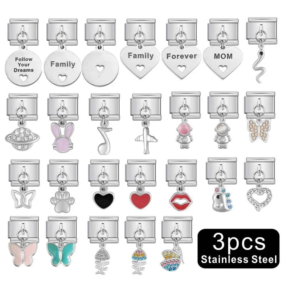 

3 Pcs Vintage Lily Flowers Butterfly Heart Pendant Italian Beads Stainless Steel Fit 9mm Bracelet Bangle Jewelry DIY Making Gift