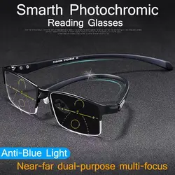 Tr90 Titanium Multifocal Reading Glasses Photochromic Progressive Bifocal Anti Blue Ray UV Protect Presbyopic Glasses Men Women