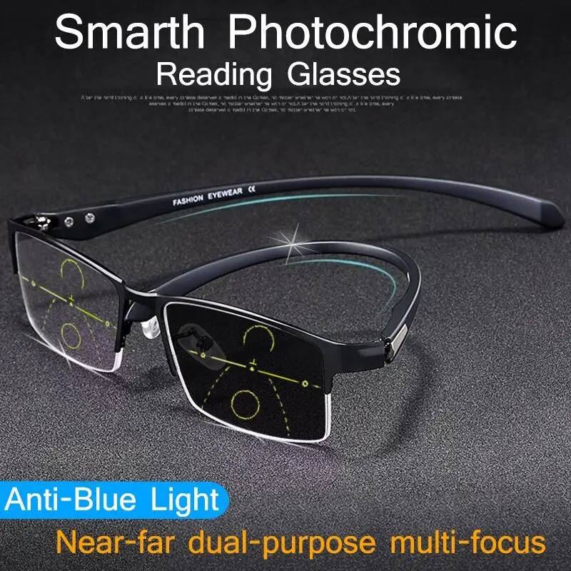 Tr90 Titanium Multifocal Reading Glasses Photochromic Progressive Bifocal Anti Blue Ray UV Protect Presbyopic Glasses Men Women