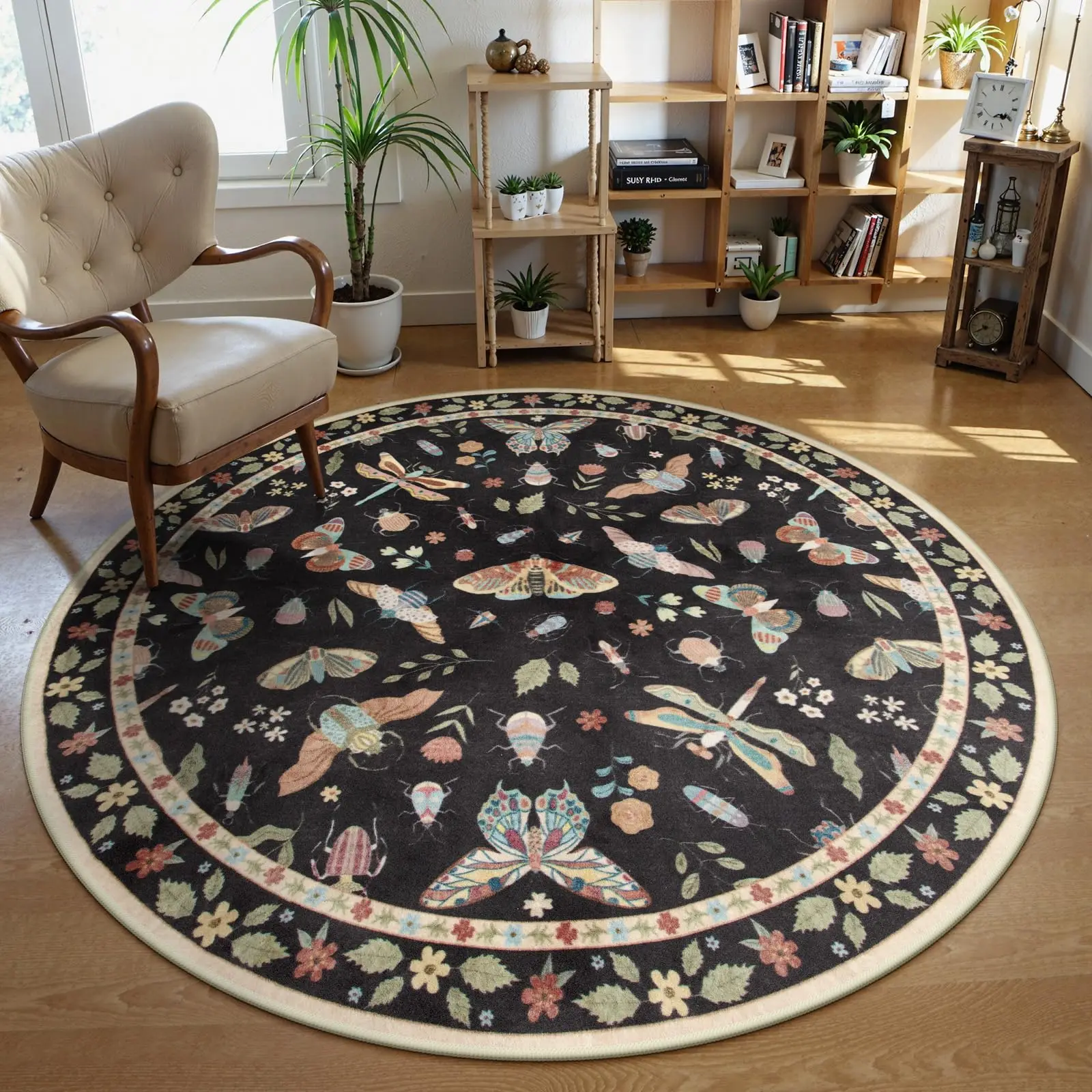 

Butterfly Washable Round Area Rug Soft Round Rugs Non-Slip Boho Large Circle Carpet for Bedroom Living Room