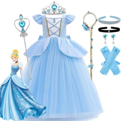 Kids Cinderella Princess Cosplay Costume Clothes Girls Sequins Dress with Crown Gloves Birthday Party Ball Gown 2-10 Years