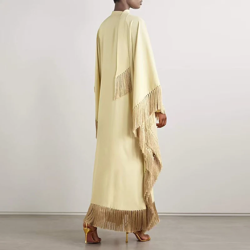 Szaty Kobieta Solidne Frędzle Nieregularne Długie Sukienki Wiosna Flare Długi Rękaw Luźna Sukienka Maxi Moda V Szyja Wiązanie Boho Party Dress