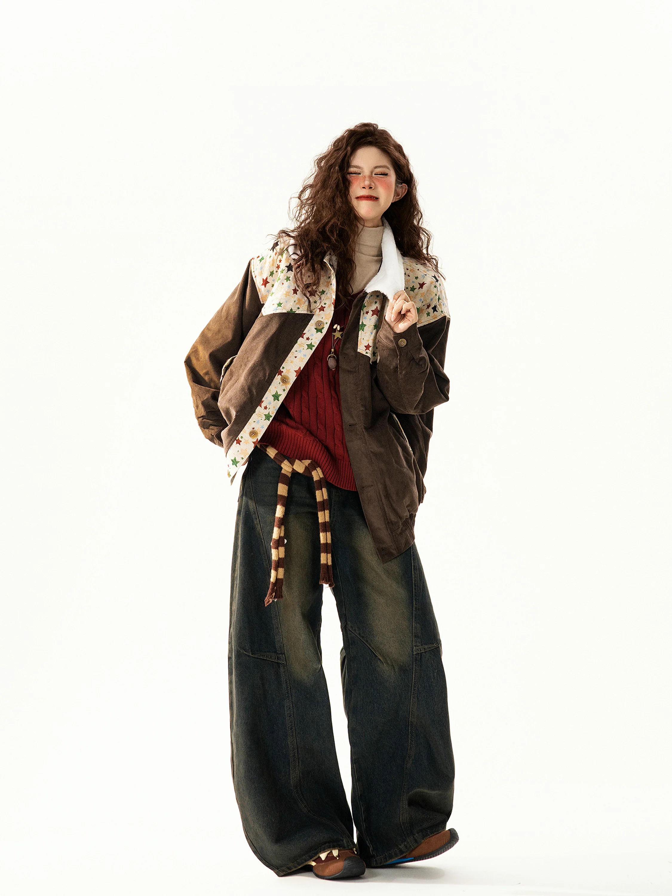 

Retro Star Embroidery Loose Fit Women's Cotton Jaet Street Sle Versatile Warm Corduroy Winter Outerwear Coat