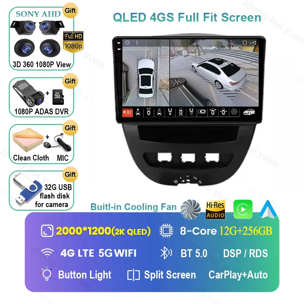 Voor Peugeot 107 Toyota Aygo Citroen C1 2005-2014 Android 16 Carplay & Auto Autoradio Navigatie Multimedia Stereo Speler BT QLED