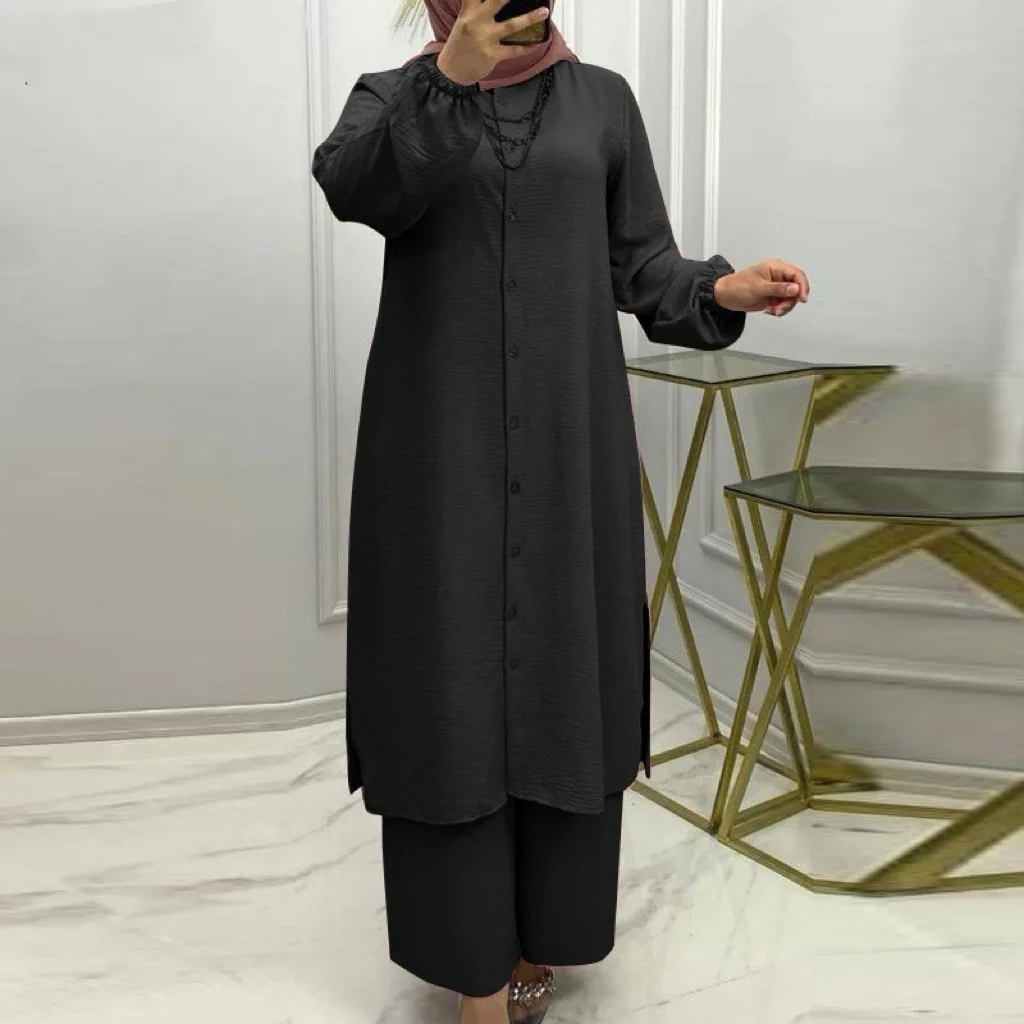 Raf Muslim 2 Pcs Pant Sets Women Abaya Fashion Clothing Autumn Long Shirts Wide Leg Vaist Pants Casual Loose Outfits Turkey